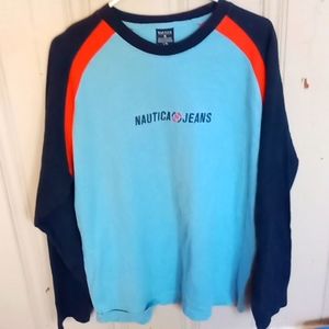 Nautica Long Sleeve Rugby shirt says "Nautica Jeans" on front Size Large